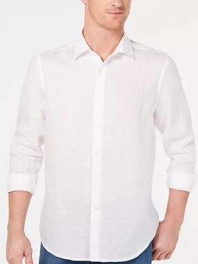 Tasso Elba Men's Long-Sleeve 100% Linen Shirt White Size Large 16-16.5